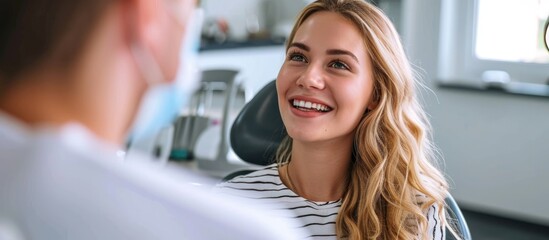 Female patient and orthodontist review smile and dental work.
