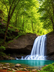 Waterfall in green summer forest.Landscape scenery.Digital creative designer.AI illustration