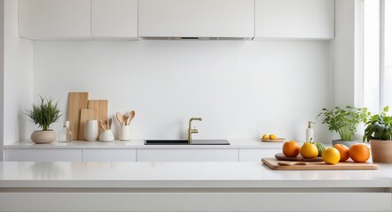 white modern kitchen with marble countertop with utensils and fruits