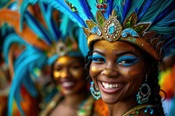 Carnaval de Río de Janeiro en Brasil: Personajes vibrantes, con vestimentas muy coloridas y danza en un desfile de carnaval, personas sonrientes, colores muy saturados