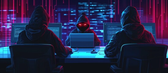 Criminal hackers creating illicit software to breach laptops and access unauthorized databases at night.