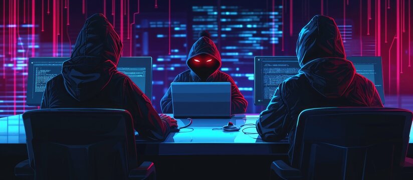 Criminal hackers creating illicit software to breach laptops and access unauthorized databases at night.