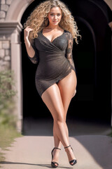 Young beautiful fat curvy woman standing street.Long curly hair.Sexy black transparent dress.Digital creative designer fashion glamour art. © vladnikon