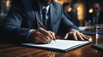 Businessman signing a contract - close-up shot - legal document - - formal agreement - binding document 