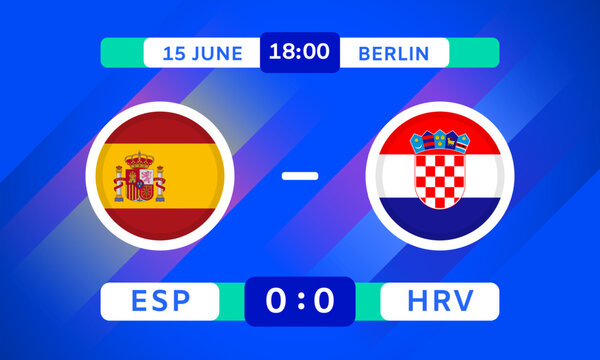 Spain vs Croatia Design Element. Flags Icons with transparency isolated on blue background. Football Championship Competition Infographics. Announcement, Game Score Template. Vector graphics