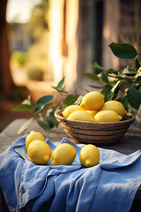 Lemons in a basket on a wooden table in the garden