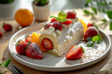 Sponge cake roll with cream, strawberries and orange fruits on a white plate on wooded table background. Perfect exposure and bright image - Powered by Adobe