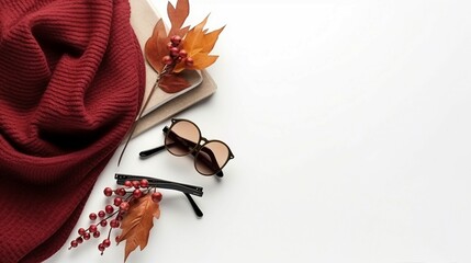 Top View of Autumn Ensemble Featuring Stylish Accessories, Lipstick, and Pine Cones on White Surface - Fall Fashion Inspiration with Elegant Scarf and Trendy Details