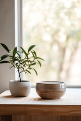 Wooden bowl with green plant on wooden table in front of window