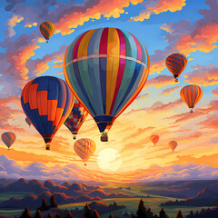 A cluster of hot air balloons against a vibrant sunrise sky.