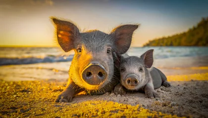 Fotobehang a beautiful dirty gray pig with beautiful eyes and a baby pig are lying on a tropical beach, Generated image, Generated image © Mathias Weil