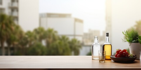 Modern living backdrop for displaying food and drinks, featuring an empty wooden table and a blurry window in the background.
