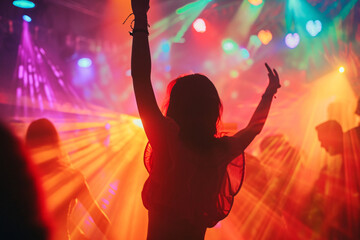 Fototapeta na wymiar Silhouette of a woman dancing at a nightclub, disco lights