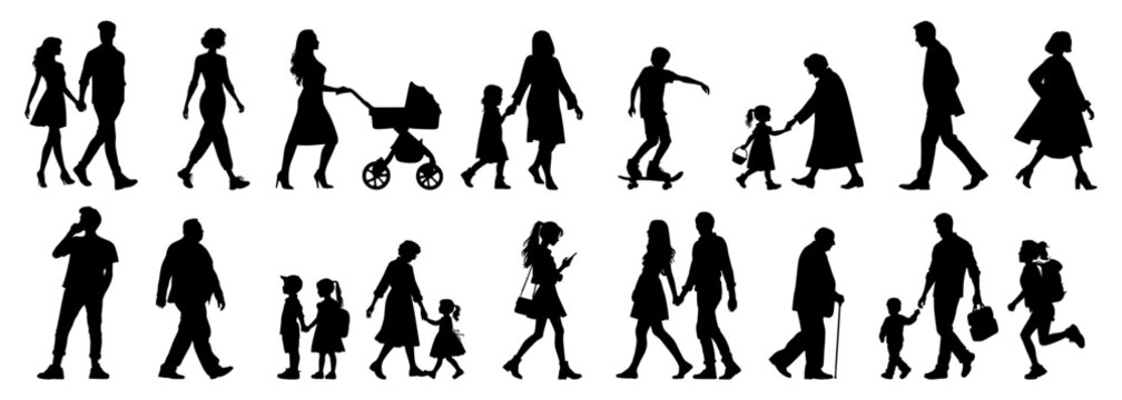 vector illustration. silhouettes of people walking along the street. Large set of characters of different ages.