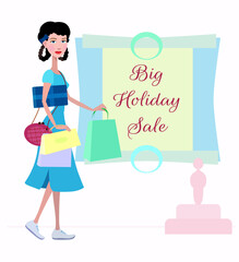 Girl with shopping. Sale of clothing and household goods