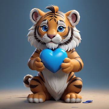 a Cute Royal Bengal Tiger Lion Clutching a Blue Heart, Showcased in CGSociety, Behance HD AI GENERATED