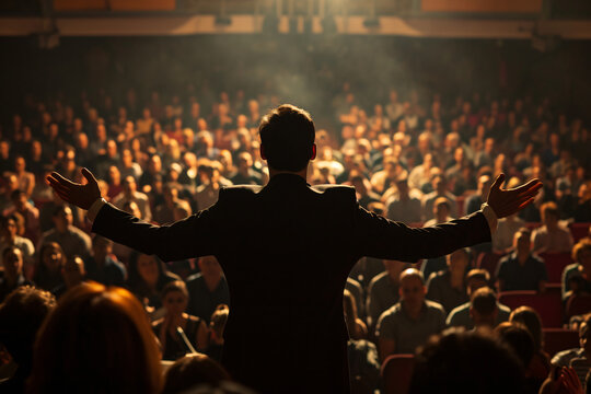 A preacher speaking in front of a big crowd, seen from behind