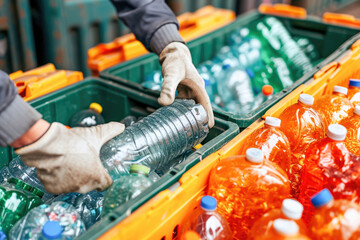 Detalle de manos de personas concienciadas con el medio ambiente reciclando botellas de plástico en el contenedor adecuado