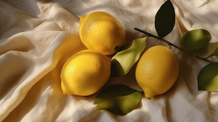 Still life with lemons and leaves on fabric background, top view