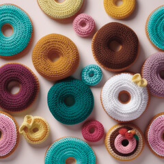 colorful bagels on a pink background, knitted food, creative hobby