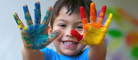 Colorfully painted hands of a happy young boy.