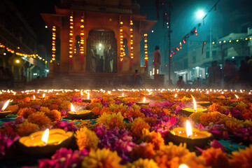 Diwali en India: Escena festiva con luces, lámparas de aceite y fuegos artificiales 