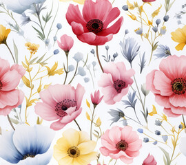 Multi-colored delicate flowers on a white background, seamless, pattern, fabric, tile, background, carpet, wallpaper, clothing, sarong, packaging, batik