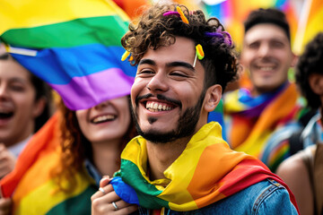 Personas felices y libres luchando por sus derechos de amar a quién quieran en manifestación LGTBIQ+, bandera del orgullo gay  