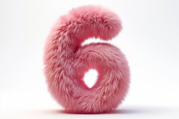 Cute pink number 6 or six as fur shape, short hair, white background, 3D illusion, storybook style