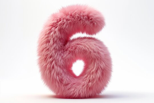 Cute pink number 6 or six as fur shape, short hair, white background, 3D illusion, storybook style