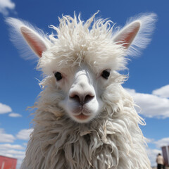 Obraz premium Beautiful portrait of an alpaca on a sunny day against the blue sky 