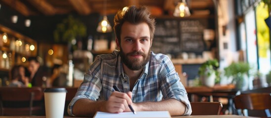Bearded man taking notes in indoor cafe setting. - obrazy, fototapety, plakaty
