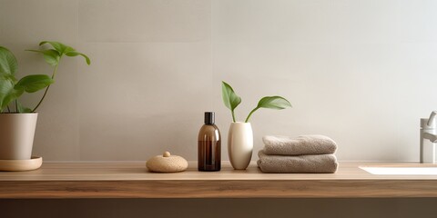 Empty wooden shelf for product display in bathroom with blurred shower interior. Advertisement...