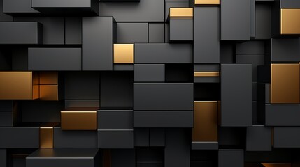 Abstract metallic black and gold rectangles pattern on gray background - high-quality 3d illustration wallpaper