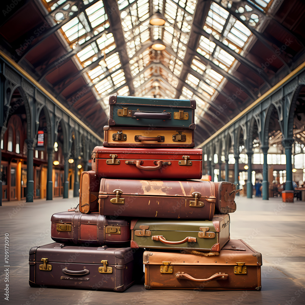 Sticker A stack of antique suitcases in a vintage train station.