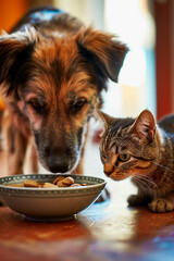 a dog and a cat eat from the same plate. Selective focus.