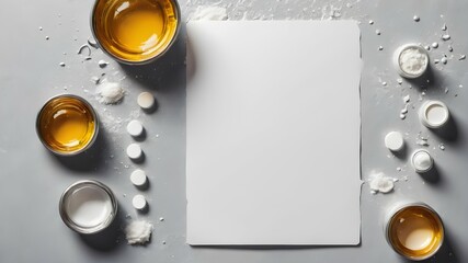 Pharmacy or medical attributes with blank sheets of paper for copy space on a gray background