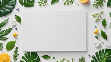 A white sheet of paper on white background decorated with oranges and different types of leaves. Background for herbal or summer mood card	