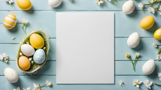 White sheet of paper and painted Easter eggs on a pale blue wooden background with flowers. Easter card with copy space.	