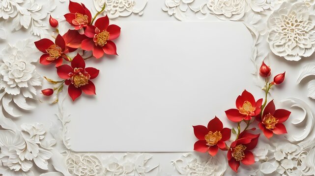 White blank sheet of paper, blank note decorated in red flowers, oriental style. Red and white background with copy space in oriental scenery	