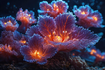 Generative AI Beautiful view of underwater plants, fish and corals at night, beautiful view of coral sea plants and fish at night, Beautiful underwater night view, marine plants, fish, coral, sea