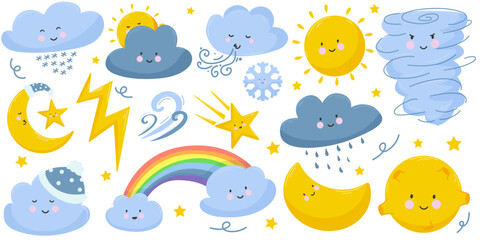 Weather emoticon flat icon set. Cartoon rainbow, rain and snow clouds, sun, moon, star, lightening, wind isolated vector illustration. Meteorology and sky concept