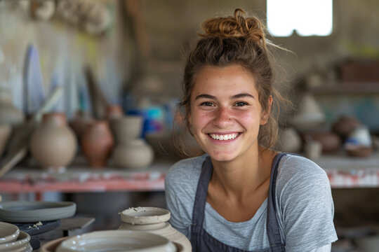 A young woman smiling in a pottery class