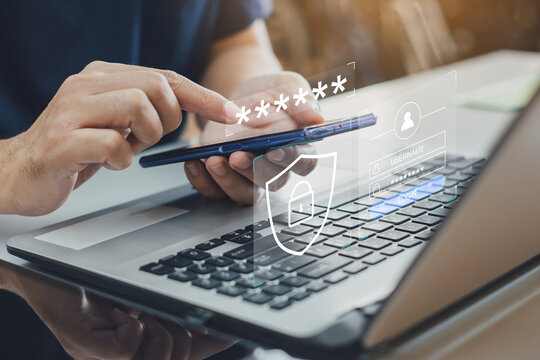 Cyber security and online data protection on internet. Firewall shield secure access system with lock icon. Cybersecurity privacy and account login and password 2 step verification authentication.