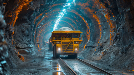 Mineral truck in the tunnel, 
underground mining digger industry gold tunnel mineral.
