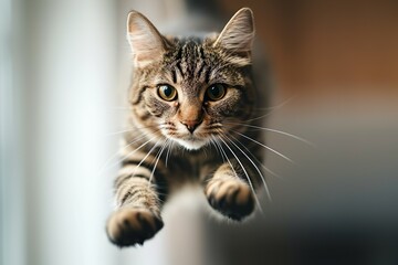 Fototapeta premium Funny cat flying. photo of a playful tabby cat jumping mid-air and looking at the camera. background with copy space.