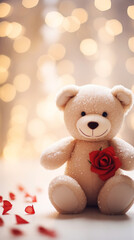 Super cute teddy bear toy and red rose, soft champagne colors created with Generative Ai
