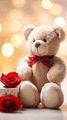 Super cute teddy bear toy and red rose, soft champagne colors created with Generative Ai