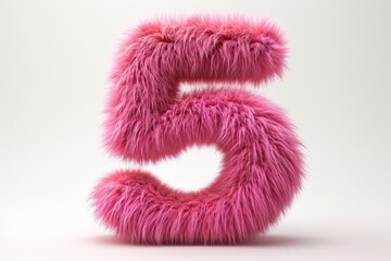 Cute pink number 5 or five as fur shape, short hair, white background, 3D illusion, storybook style
