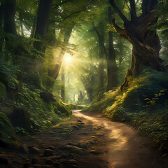 A tranquil forest path with sunlight filtering through the trees.